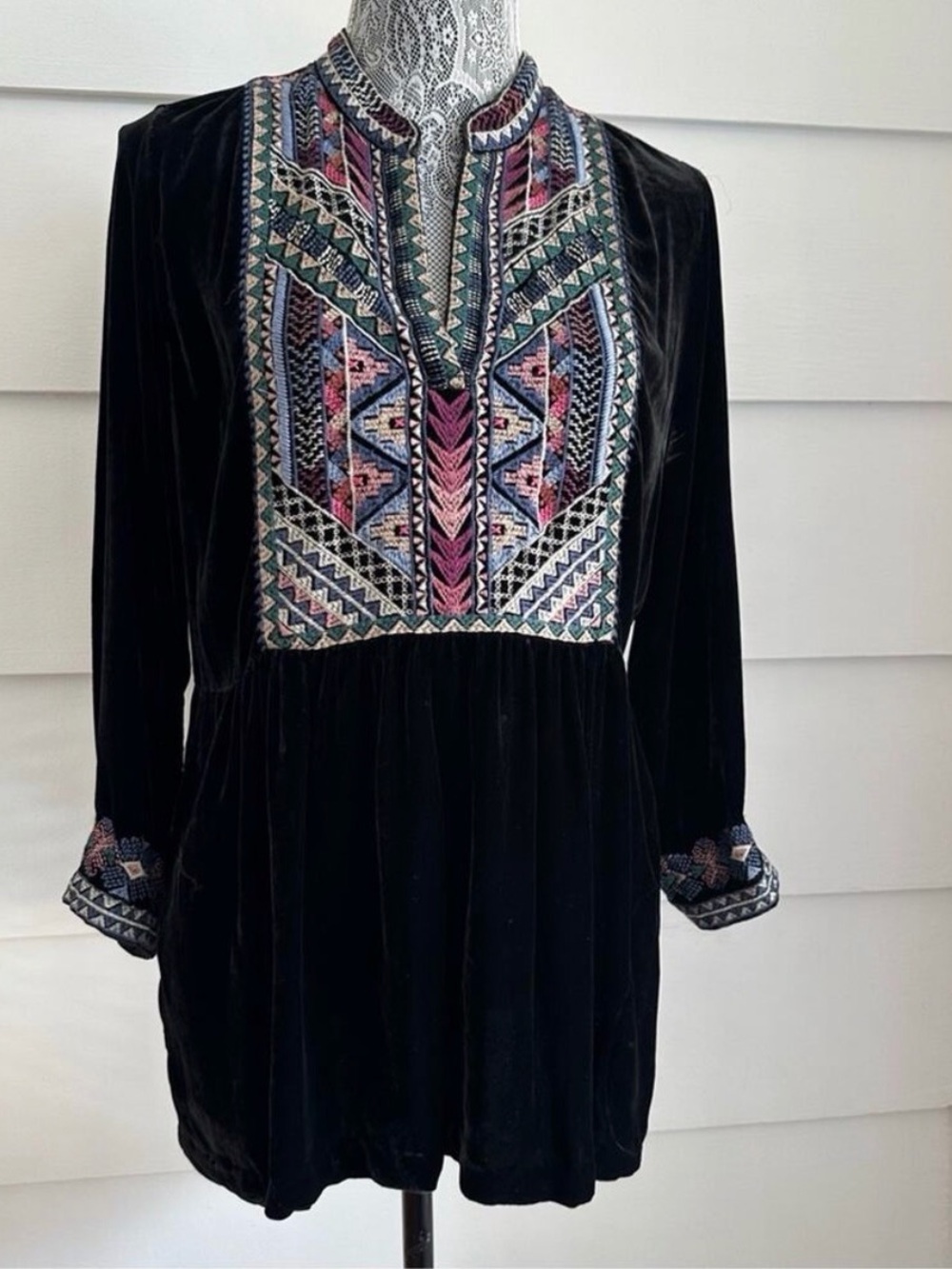 Johnny Was Black Velvet Long Sleeve Tunic with Multicolor Embroidery